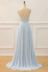 Party Dresses For Ladies, Sky Blue A-line Bateau Tulle 3D Applique Long Prom Dress