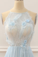 Party Dress Europe, Sky Blue A-line Bateau Tulle 3D Applique Long Prom Dress