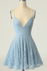 Party Dress Halter Neck, Sky Blue A-line V Neck Lace-Up Back Lace Mini Homecoming Dress