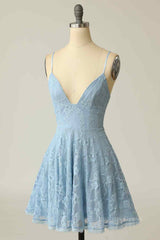 Party Dresses Halter Neck, Sky Blue A-line V Neck Lace-Up Back Lace Mini Homecoming Dress