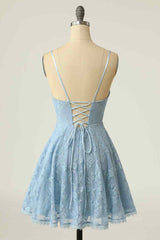 Backless Prom Dress, Sky Blue A-line V Neck Lace-Up Back Lace Mini Homecoming Dress