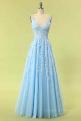 Party Dress Long Dress, Sky Blue A-line V Neckline Applique Tulle Long Prom Dress