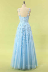 Party Dresses Express, Sky Blue A-line V Neckline Applique Tulle Long Prom Dress