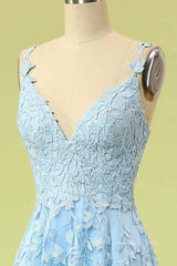 Party Dress Express, Sky Blue A-line V Neckline Applique Tulle Long Prom Dress