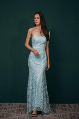 Bridesmaid Dresses Floral, Sky Blue Backless Long Lace Spaghetti Straps Prom Dresses