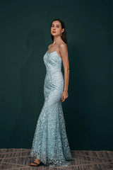 Bridesmaid Dresses Lavender, Sky Blue Backless Long Lace Spaghetti Straps Prom Dresses