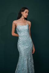 Winter Wedding, Sky Blue Backless Long Lace Spaghetti Straps Prom Dresses