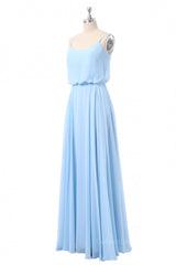 Bridesmaid Dress Dusty Blue, Sky Blue Blouson Bodice Chiffon Long Bridesmaid Dress