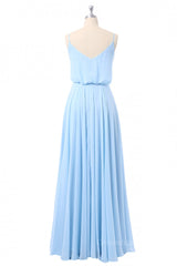Simple Wedding Dress, Sky Blue Blouson Bodice Chiffon Long Bridesmaid Dress