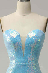 Party Dresses Formal, Sky Blue Mermaid Strapless Sparkly Long Formal Dress