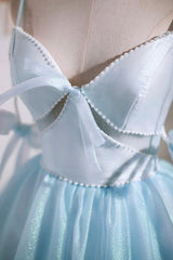 Prom Dress Gold, Sky Blue Spaghetti Straps Party Dress, Cute A-Line Tulle Homecoming Dress