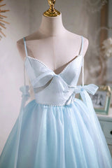 Prom Dresses Two Piece, Sky Blue Spaghetti Straps Party Dress, Cute A-Line Tulle Homecoming Dress