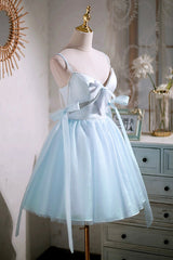 Bridesmaid Dress, Sky Blue Spaghetti Straps Party Dress, Cute A-Line Tulle Homecoming Dress