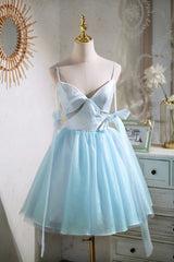 Summer Dress, Sky Blue Spaghetti Straps Party Dress, Cute A-Line Tulle Homecoming Dress