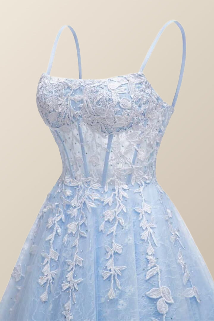 Prom Dresses Beautiful, Straps Sky Blue Appliques Short Homecoming Dress
