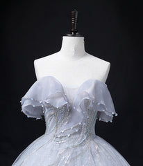 Short Prom Dress, Sliver Grey Tulle Off Shoulder Long Party Dress, Tulle Evening Dress Prom Dress