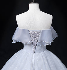 Autumn Wedding, Sliver Grey Tulle Off Shoulder Long Party Dress, Tulle Evening Dress Prom Dress