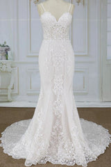 Wedding Dress Under 1002, Spaghetti Strap Appliques Mermaid Wedding Dress