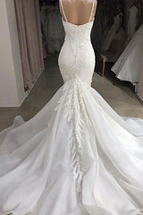 Wedding Dress Designs, Spaghetti Strap Real Model White Mermaid Wedding Dresses with AmazingLace Appliques