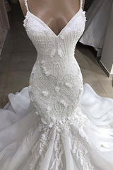 Wedding Dress Collection, Spaghetti Strap Real Model White Mermaid Wedding Dresses with AmazingLace Appliques