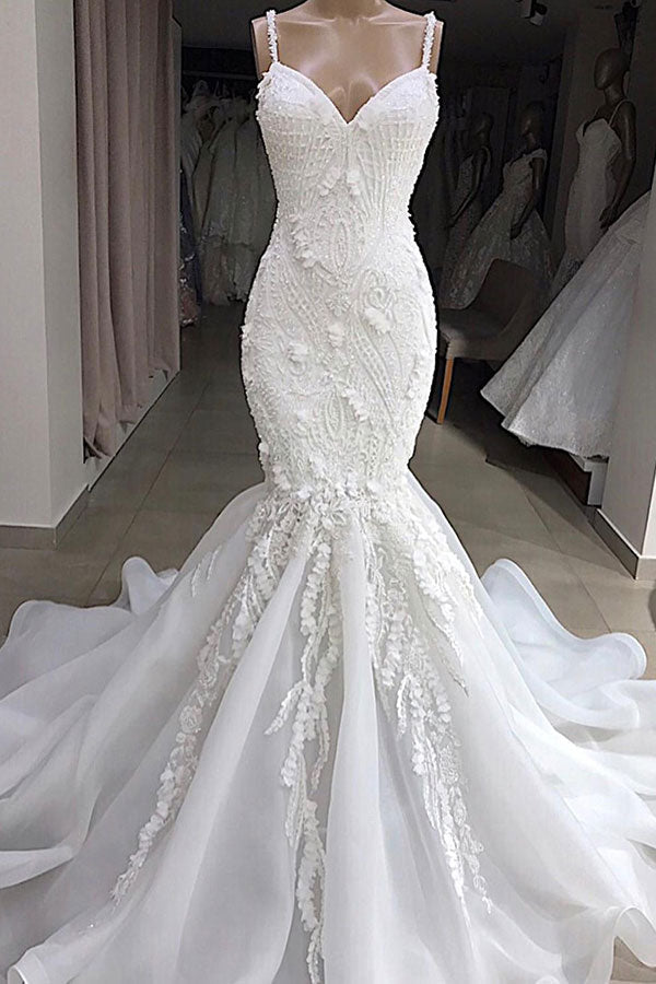 Wedding Dress Design, Spaghetti Strap Real Model White Mermaid Wedding Dresses with AmazingLace Appliques