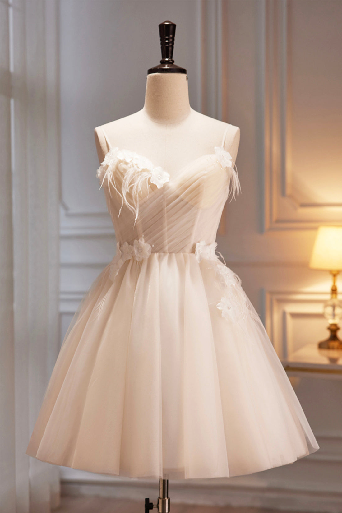 Blue Bridesmaid Dress, Spaghetti Strap V Neck Tulle Short Prom Dress, Cute Champagne Homecoming Dress