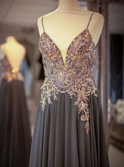 Party Dress India, Gray Spaghetti Straps A-line Beaded Long Prom Dresses