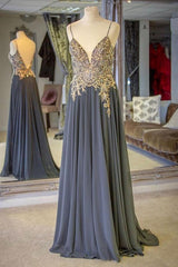 Party Dress Satin, Gray Spaghetti Straps A-line Beaded Long Prom Dresses
