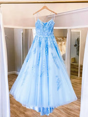 Bachelorette Party Outfit, Spaghetti Straps Backless Blue Lace Prom Dresses, Open Back Blue Lace Formal Evening Dresses