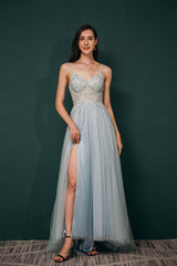 Silk Wedding Dress, Spaghetti Straps Beading Front Split Long Sky Blue Prom Dresses