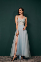 Winter Formal, Spaghetti Straps Beading Front Split Long Sky Blue Prom Dresses