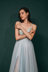 Mermaid Dress, Spaghetti Straps Beading Front Split Long Sky Blue Prom Dresses