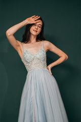 Wedding Color Palette, Spaghetti Straps Beading Front Split Long Sky Blue Prom Dresses
