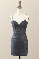 Prom Dress Long Ball Gown, Spaghetti Straps Black Lace Bodycon Mini Dress