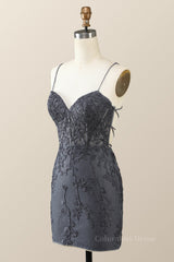 Prom Dresses Long Ball Gown, Spaghetti Straps Black Lace Bodycon Mini Dress