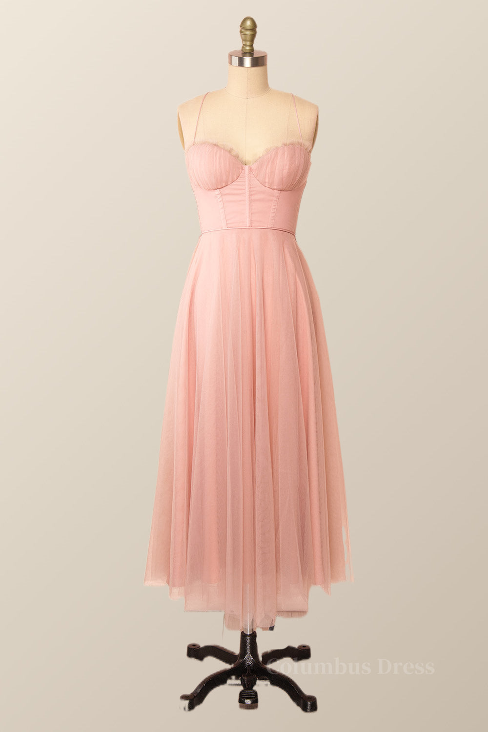 Formal Dress Fall, Spaghetti Straps Blush Pink Tulle A-line Midi Dress