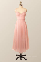 Formal Dress Fall, Spaghetti Straps Blush Pink Tulle A-line Midi Dress