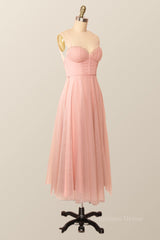 Formal Dresses Fall, Spaghetti Straps Blush Pink Tulle A-line Midi Dress
