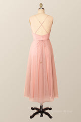 Formal Dresses Size 18, Spaghetti Straps Blush Pink Tulle A-line Midi Dress