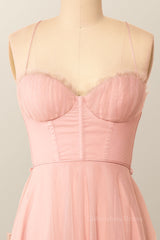 Formal Dresses With Tulle, Spaghetti Straps Blush Pink Tulle A-line Midi Dress