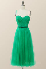 Evening Dresses Modest, Spaghetti Straps Green Tulle Midi Dress