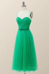 Evening Dress Yellow, Spaghetti Straps Green Tulle Midi Dress