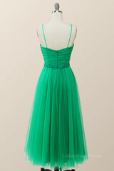 Evening Dresses 1924S, Spaghetti Straps Green Tulle Midi Dress