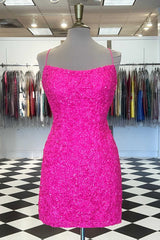 Homecoming Dress Modest, Spaghetti Straps Hot Pink Bodycon Mini Dress,Graduation Dresses