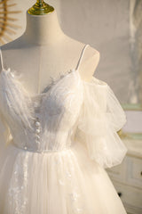 Bridesmaid Dresses For Girls, Spaghetti Straps Ivory V Neck Lace Tulle Princess Homecoming Dresses
