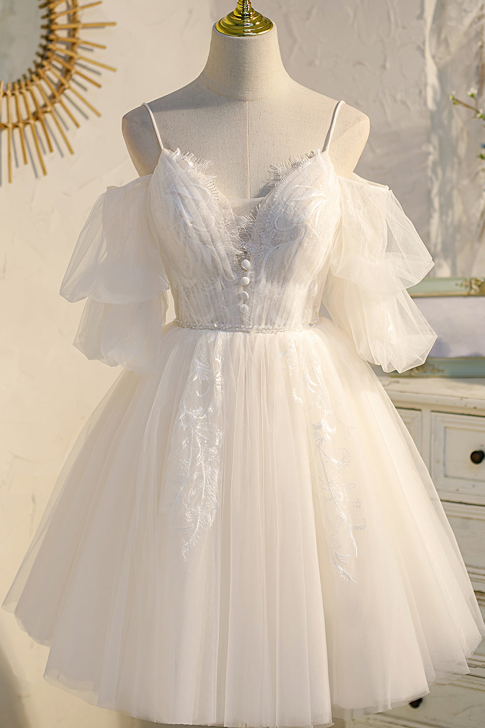 Bridesmaid Dress For Girls, Spaghetti Straps Ivory V Neck Lace Tulle Princess Homecoming Dresses