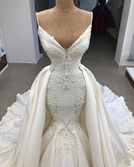 Wedding Dresses For Brides, Spaghetti Straps Lace Fit and Flare Wedding Dresses Overskirt Appliques Detachable Satin Backless Bridal Gowns