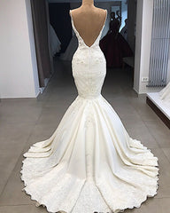 Wedding Dresses For Beach Wedding, Spaghetti Straps Lace Fit and Flare Wedding Dresses Overskirt Appliques Detachable Satin Backless Bridal Gowns