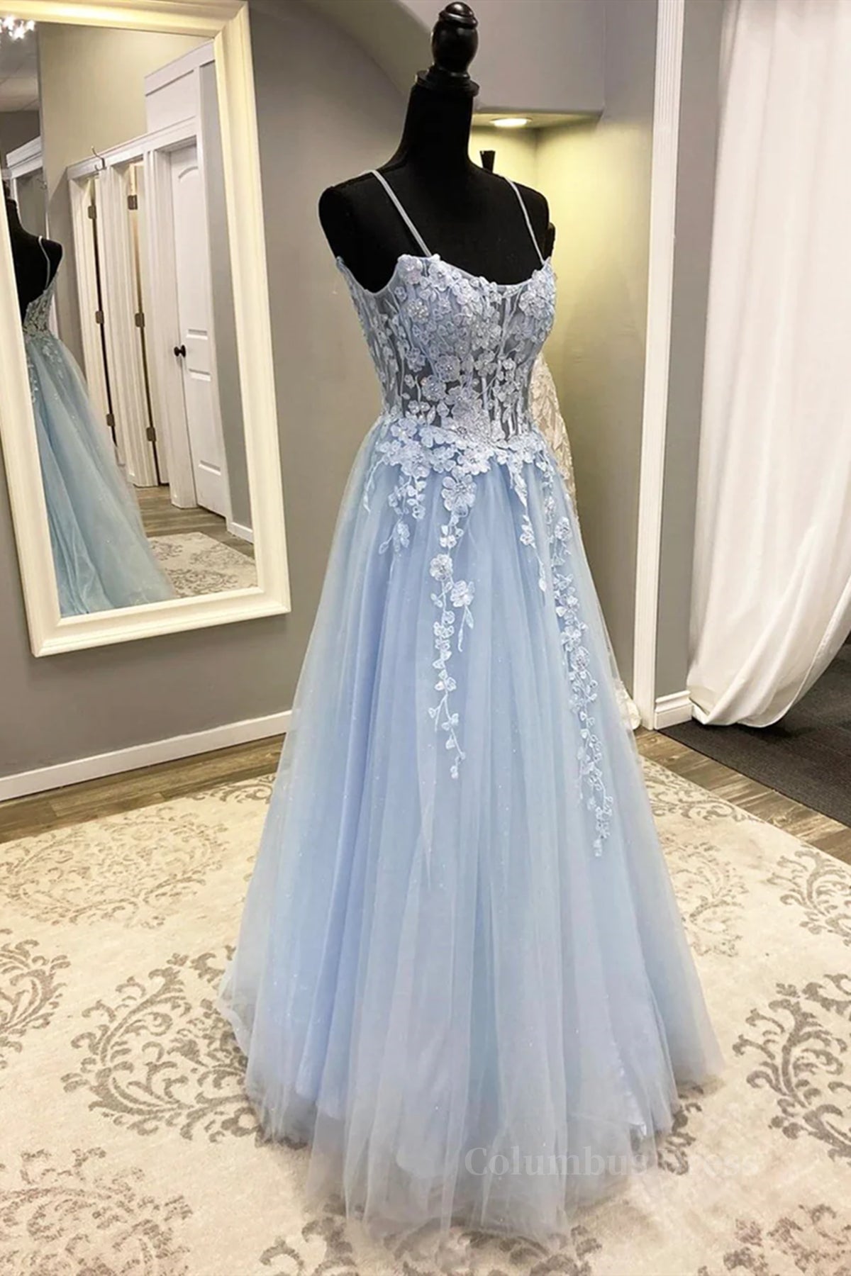 Evening Dresses Princess, Spaghetti Straps Light Blue Lace Prom Dresses, Light Blue Lace Formal Evening Dresses