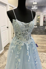 Evening Dresses Classy, Spaghetti Straps Light Blue Lace Prom Dresses, Light Blue Lace Formal Evening Dresses